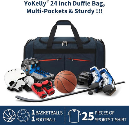 24 inch Large Gym Bag for Men - 65L Hard Bottom Duffle Bag with Shoes Compartment for Sport/Travel - Navy Blue