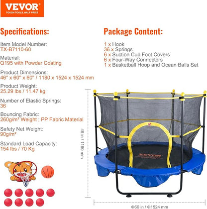 VEVOR 5FT Trampoline 50"/55"/56 * 35" for Indoor/Outdoor use for Toddlers, Foldable Mini Baby with Foam Handle, Recreational Birthday Gift