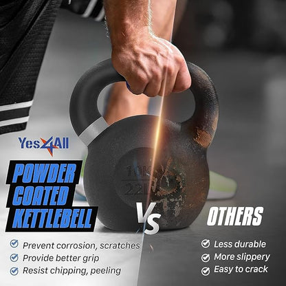 Yes4All Kettlebell, Heavy Duty Powder Coated Cast Iron Kettlebells, Non-Slip Handle & Flat Bottom for Conditioning, Strength Training & Full Body Exercises at Home Gym - Single & Pair