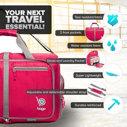 Bago Foldable Duffel Bags for Traveling Women & Men - 40L Sports Packable Duffle Bag for Travel with Shoe Compartment - Water Repellant, Heavy Duty, Lightweight Folding & Collapsible (Pink)
