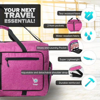 Bago Large Foldable Duffel Bags for Traveling Women & Men - 80L Packable Duffle Bag for Travel with Shoe Compartment - Water Repellant, Heavy Duty, Lightweight Folding & Collapsible (SnowPink)