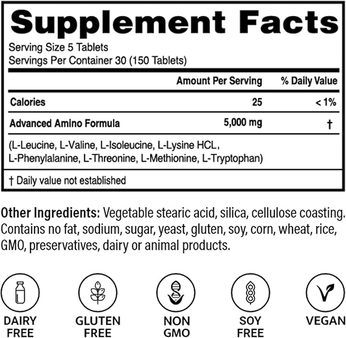 ??Advanced Amino Formula Tablets, Amino Acid Supplement, Build Muscle, Post Workout Recovery, Energy, Stamina, Non-GMO, Gluten Free, Dairy Free, Vegan (150 Tablets)