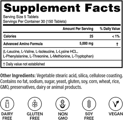 ??Advanced Amino Formula Tablets, Amino Acid Supplement, Build Muscle, Post Workout Recovery, Energy, Stamina, Non-GMO, Gluten Free, Dairy Free, Vegan (150 Tablets)