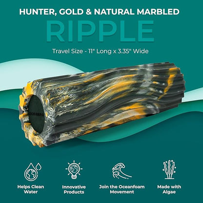 Oceanfoam Ripple Travel Foam Roller (11" x 3.35") Firm Mini Foam Roller for Physical Therapy, Deep Tissue Massage, Back Pain - High Density, Wave Textured - Yoga (Hunter, Gold & Natural Marbled)