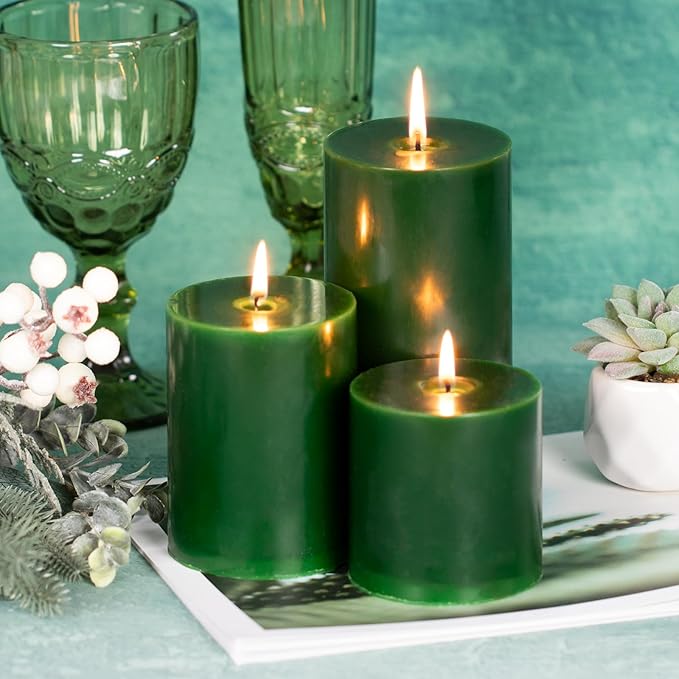 KONNI Navy Green Pillar Candles Set of 3, 3"x 3" Unscented Pillar Candles Bulk, 30 Hours Long Burning Candles, Smokeless&Dripless Large Round Candle for Wedding, Home Decoration, Parties, Spas, Dinner
