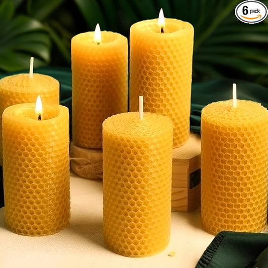 6 Packs Natural Beeswax Candles, Hand Rolled Honeycomb Beeswax Pillar Candles, Pure Bee Wax Gifts for Candle Lovers,Home Decor, Air Purify (2x4 in)