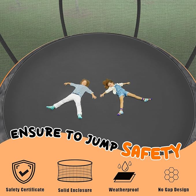 Trampoline 12FT 14FT 15FT 16FT for Kids/Adults - Outdoor Recreational with Enclosure Net Curved Poles and Ladder, Heavy Duty Anti-Rust Coating, ASTM Approval