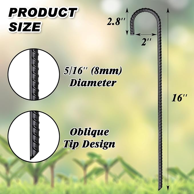 FEED GARDEN 16 Inch 8 Pack Rebar Stakes Heavy Duty J Hook, Galvanized Steel Ground Stakes Tent Stakes Ground Anchors, Chain Link Fence Stakes, Trampoline Stakes, Black