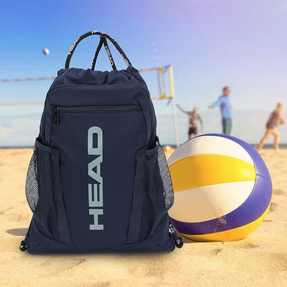 HEAD Waterproof Gym Sackpack for Sport with 2 Zipper Pockets, Large Drawstring Backpacks for Men with Side Pockets for Water Bottle (Blue)