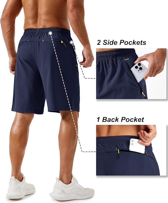 TACVASEN Men's Running Athletic Shorts 9" Quick Dry Workout Gym Shorts Lightweight Summer Shorts 3 Zipper Pockets