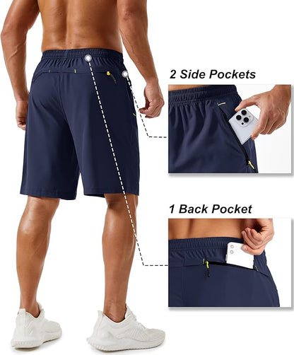 TACVASEN Men's Running Athletic Shorts 9" Quick Dry Workout Gym Shorts Lightweight Summer Shorts 3 Zipper Pockets