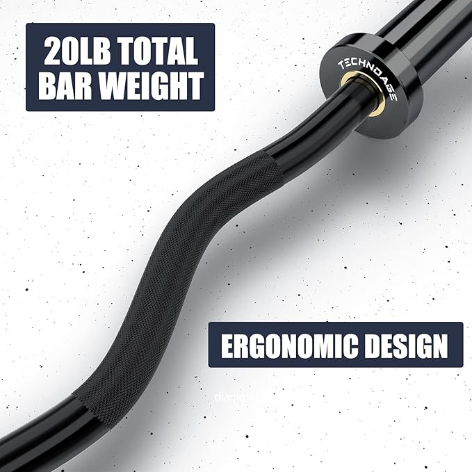 TECHNOAGE Olympic EZ Curl Bar, 47" Curl Bar(350/500LBS Capacity) 20LB, Solid Steel, Chrome Finish Barbell with Copper Sleeve and Bearing for 2-inch Plates, for Weight Lifting,Hip Thrusts,Squat,Biceps-Home Gym Weight Bar