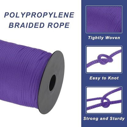 MECCANIXITY 1/8 Inch Polypropylene Rope Braided Ropes, 328ft Nylon Rope Hollow Utility Cord for Clothesline, Camping, Hiking, Outdoor, Dark Purple