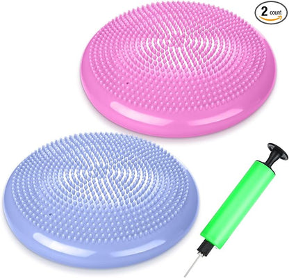 2 Pcs Wiggle Seat Inflated Wobble Cushion Flexible Balance Disc with Air Pump for Core Stability Strengthening Improving Posture Physical Exercise