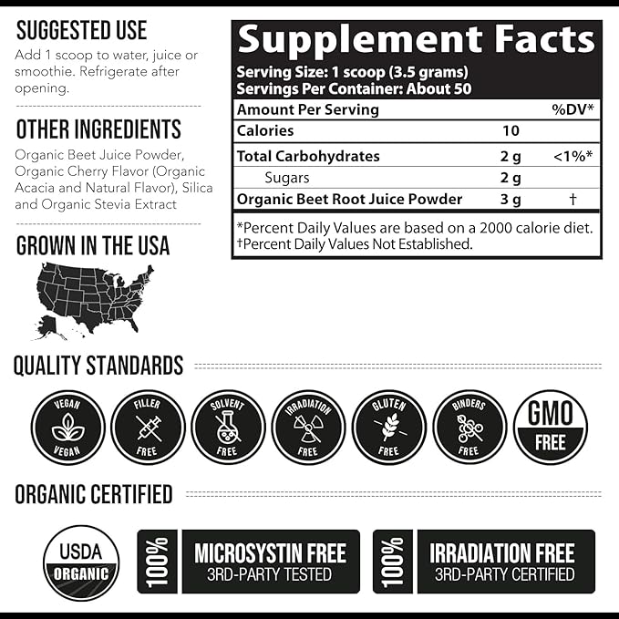BioBeet® Beet Juice (Black Cherry Flavor) Max Strength 20x High Concentration than Beet Root Powder ??Organic, Cold-Pressed, USA Grown, Raw Form ??Nitric Oxide, Circulation Support (50 Servings)