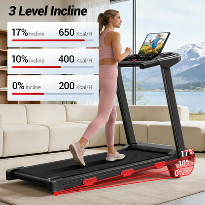 17% Incline Compact Folding Treadmill, 3.0HP Low Noise Walking Pad with Handlebars, 350 LBS