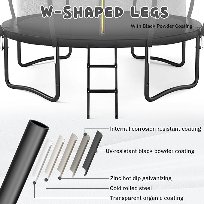 Trampoline 12FT 14FT 15FT 16FT for Kids/Adults - Outdoor Recreational with Enclosure Net Curved Poles and Ladder, Heavy Duty Anti-Rust Coating, ASTM Approval