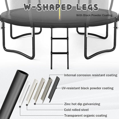 Trampoline 12FT 14FT 15FT 16FT for Kids/Adults - Outdoor Recreational with Enclosure Net Curved Poles and Ladder, Heavy Duty Anti-Rust Coating, ASTM Approval