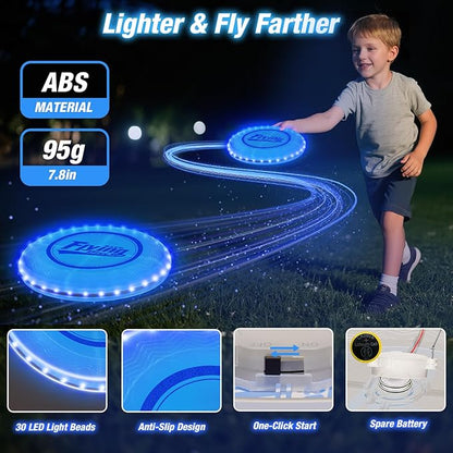 2 Pack Light up Flying Discs for Kids, Rechargeable Disc with 45 LEDs, 14 Lighting Modes(10") & Built-in Battery Disc(7.8"), Glow in The Dark Flying Ring for Beach/Summer Camping/Outdoor Sport