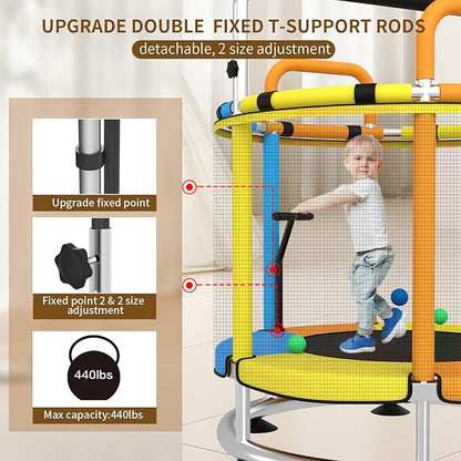 Trampoline for Kids, Full Anti-Rust 440lbs Anti-Rollover Round Bottom Toddler Trampoline, T-handrail Adjustable Baby Toddler Trampolines Dart Board