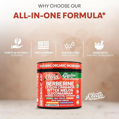 Clean Nutra Berberine and Ceylon Cinnamon Supplement Bitter Melon Glucomannan Gymnema Sylvestre Chromium Moringa Milk Thistle Turmeric Apple Cider Vinegar Digestive Enzymes Inositol Pills 90 Capsules