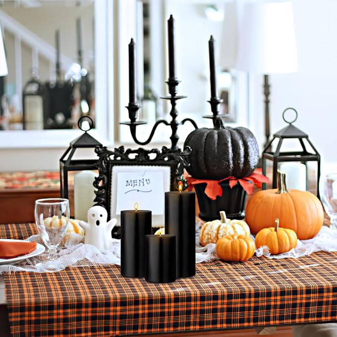 3 Packs Unscented Different Size Black Pillar Candles, Dripless Non-Toxic Smokeless 3x4, 3x6, 3x8 Inch Cylinder Candles for Halloween Wedding, Dinner Table, Party, Power Outage, Emergency