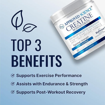 Approved Science Creatine Monohydrate Powder with BioPerine - Supports Lean Muscle Growth and Recovery - 60 Servings - 5g Per Serving - Unflavored - Non-GMO, Vegan