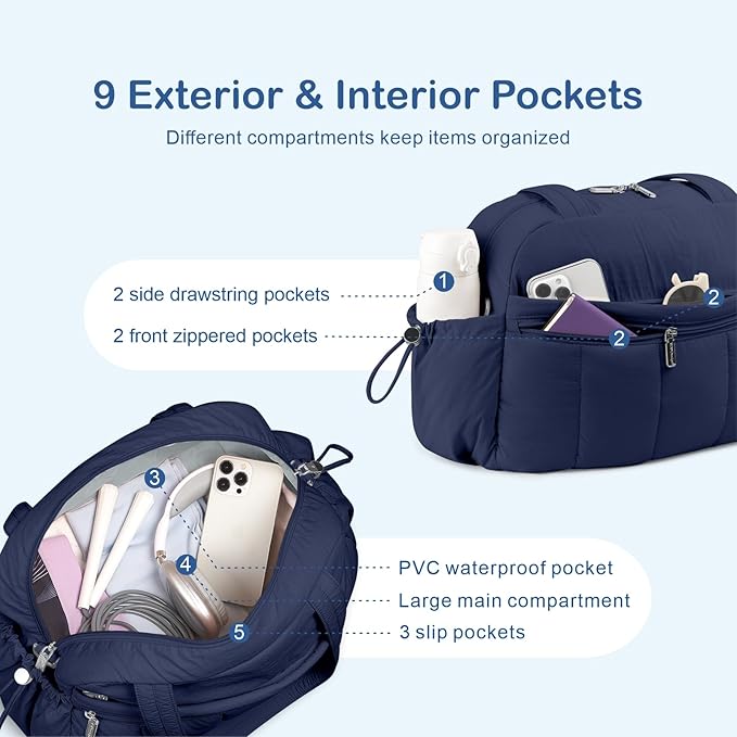 TOPDesign Travel Duffel Bag for Women, Puffer Gym Bag Sports Tote with Wet Pocket, Carry On Weekender with Luggage Sleeve (Navy Blue)