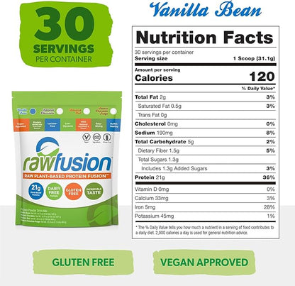 Rawfusion Vegan Protein Powder, Vanilla Bean ??30 Servings, 21g Plant-Based Protein, Low Net Carbs, Non-Dairy, Gluten-Free, Soy-Free, Kosher, Non-GMO, 2.06lbs