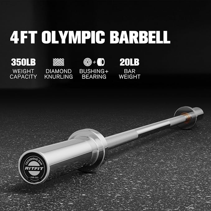RITFIT Olympic Barbell 4ft/4.8ft/6ft - 2 Inch Weight Bar for Strength Training, Weightlifting, Squat, Deadlift, Bench Press, Curl, Overhead Press - 350lbs/500lbs Capacity