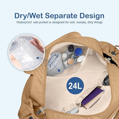 TOPDesign Travel Duffel Bag for Women, Puffer Gym Bag Sports Tote with Wet Pocket, Carry On Weekender with Luggage Sleeve (Khaki)