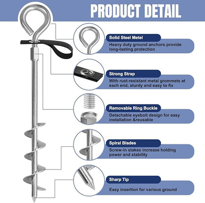 Eurmax USA Trampoline Stakes Screw in Tent Stakes Parts Heavy Duty for Canopies,4-Pack Outdoor Anchor Kit with Straps(Silver)
