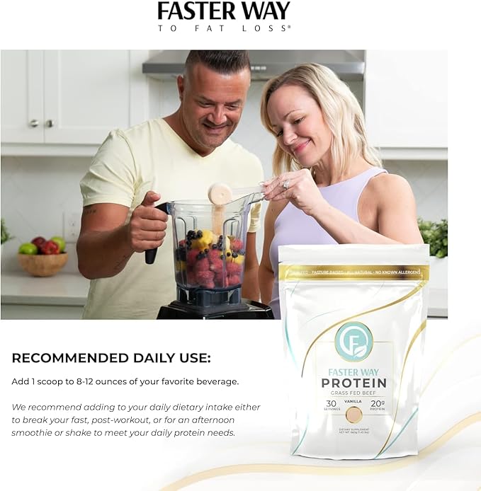 Faster Way - Protein Powder - Hydrolyzed Grass Fed Beef - 20g of Protein Per Serving - Muscle Growth & Recovery - 9 Essential Amino Acids - Sugar, Gluten & Dairy Free - Non-GMO - Vanilla - 30 Servings