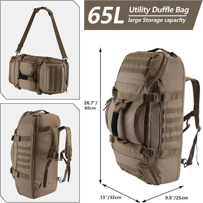 65L Large Duffle Bag, 3-in-1 Tactical Backpack MOLLE Pack for Sports, Gym, Outdoor, Coyote