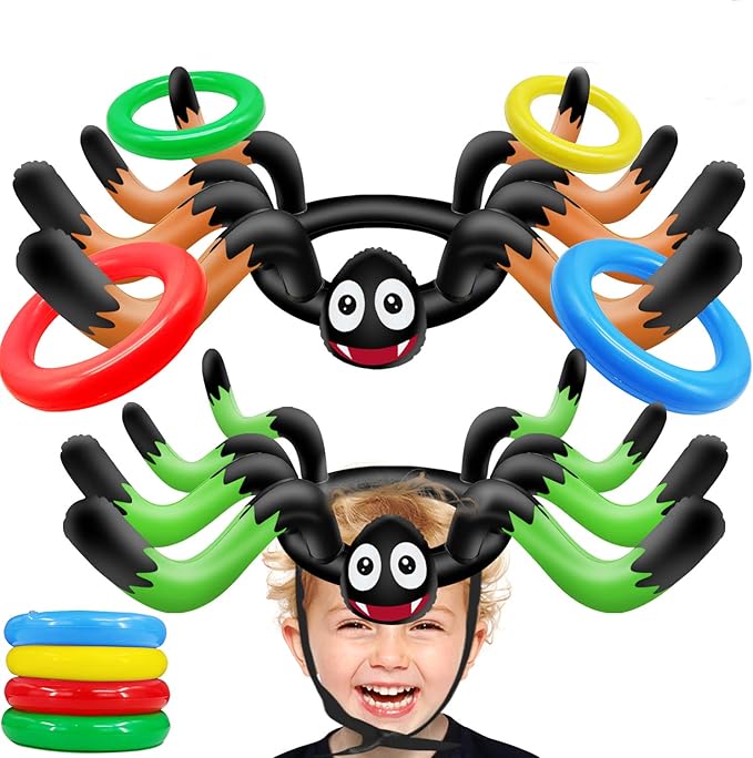 10 PCS Giant Halloween Ring Toss Games Inflatable Spider for Kids Adult Indoor Outdoor Carnival Family Party Games Spider Toys Halloween School Party Favors (2 Giant Spiders, 8 Rings)