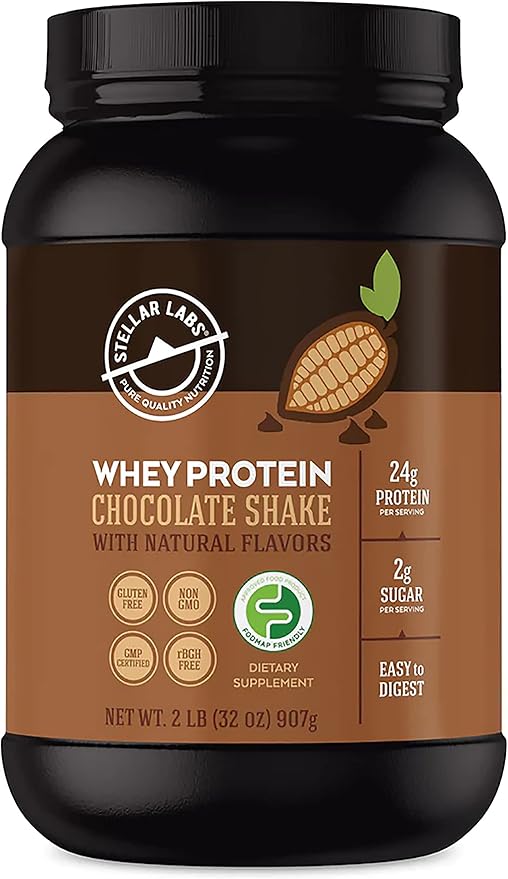 Stellar Labs Whey Protein Powder with BCAA's & Whey Isolate | Certified Low FODMAP, Non GMO, Gluten Free, Low Carb, Keto, with Stevia | All Natural Lean Post Workout Shakes | Chocolate