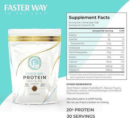 Faster Way - Protein Powder - Hydrolyzed Grass Fed Beef - 20g of Protein Per Serving - Muscle Growth & Recovery - 9 Essential Amino Acids - Sugar, Gluten & Dairy Free - Non-GMO -Chocolate -30 Servings
