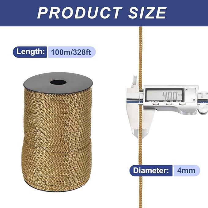 MECCANIXITY 5/32 Inch Polypropylene Rope Braided Ropes, 328ft Camping Rope Hollow Utility Cord for Clothesline, Hiking, Outdoor, Brown