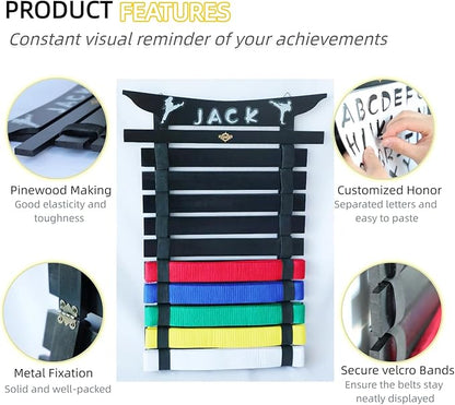 Martial Arts Belt Display Rack, Wooden Wall Mount, Karate and Taekwondo Belt Holder