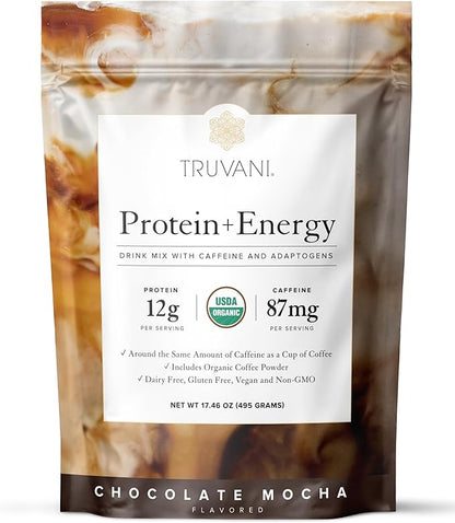 Truvani Protein + Energy Drink Mix with 87mg Caffeine | Chocolate Mocha | 12g Organic Plant Based Protein | 20 Servings | USDA Organic Coffee Powder & Adaptogens | Gluten & Dairy Free | Vegan