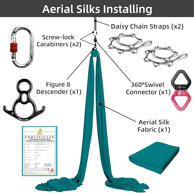 PRIOR FITNESS Aerial Silks Set, Professional Thicker Low Stretch Fabric 9/15/20 Yards Aerial Silk Swing Set with Hardware Guide, Yoga Starter Kit For Home, Aerial Yoga Hammock, Silks for Gymnastics, Antigravity Yoga, Inversion Exercise-All Levels