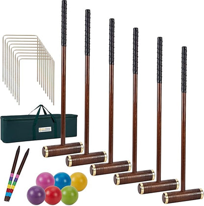 Six Player Croquet Game, 35’’ Croquette Set with Premium Wooden Mallets/Colored Balls/Wickets/Stakes/Carrying Bag, Classic Outdoor Backyard Lawn Games for Teens Adults Family