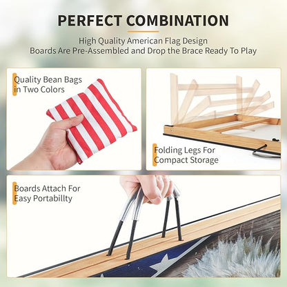 Cornhole Set, Corn Holes Outdoor Game, Regulation 2X4 Cornhole Boards, Portable Cornhole Set, Classic American Flag Cornhole Set Includes 2 Boards, 8 Cornhole Beans Bags & Carry Case