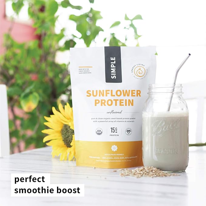 Sprout Living Simple Sunflower Seed Protein Powder, 15 Grams Organic Plant Based Protein Powder Without Artificial Sweeteners, Non Dairy, Non-GMO, Vegan, Gluten Free, Keto Drink Mix (1 Pound)