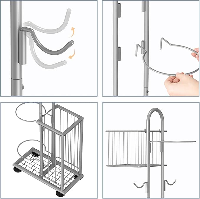 7 Tier Ball Storage Rack, Basketball Holder, Garage Sports Equipment Organizer with Basket & Hooks, Basketball Rack for Indoor/Outdoor, Ball Rack for Basketballs Footballs Volleyball, Silver