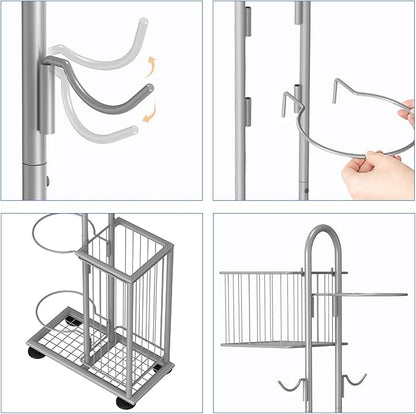 7 Tier Ball Storage Rack, Basketball Holder, Garage Sports Equipment Organizer with Basket & Hooks, Basketball Rack for Indoor/Outdoor, Ball Rack for Basketballs Footballs Volleyball, Silver
