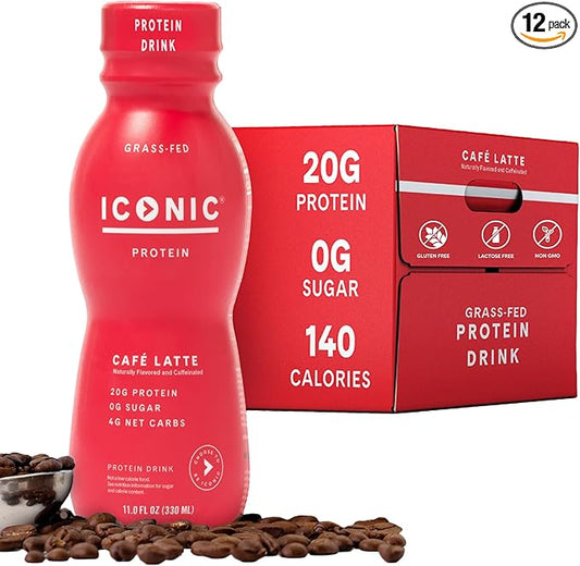 Iconic Protein Drinks, Café Latte (12 Pack) - Sugar Free & Low Carb - 20g Protein + 100mg Caffeine