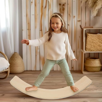 Wooden Wobble Balance Board, 33 Inch Rocker Board Natural Wood, Kids Toddler Open Ended Learning Toy, Yoga Curvy Board for Office & Classroom Adult