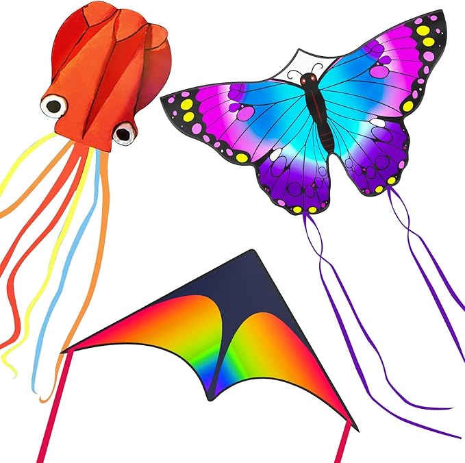 3 Pack Large Kites, Large Butterfly Kite, Colorful Delta and Red Octopus for Girls Boys Ages 4-8, 8-12, Adults
