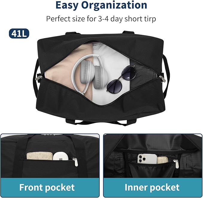 21 inch Gym Bag for Men - 40L Travel Duffel Bag Sport Duffle Bags for Weekend Overnight with Bottom Support (Black）